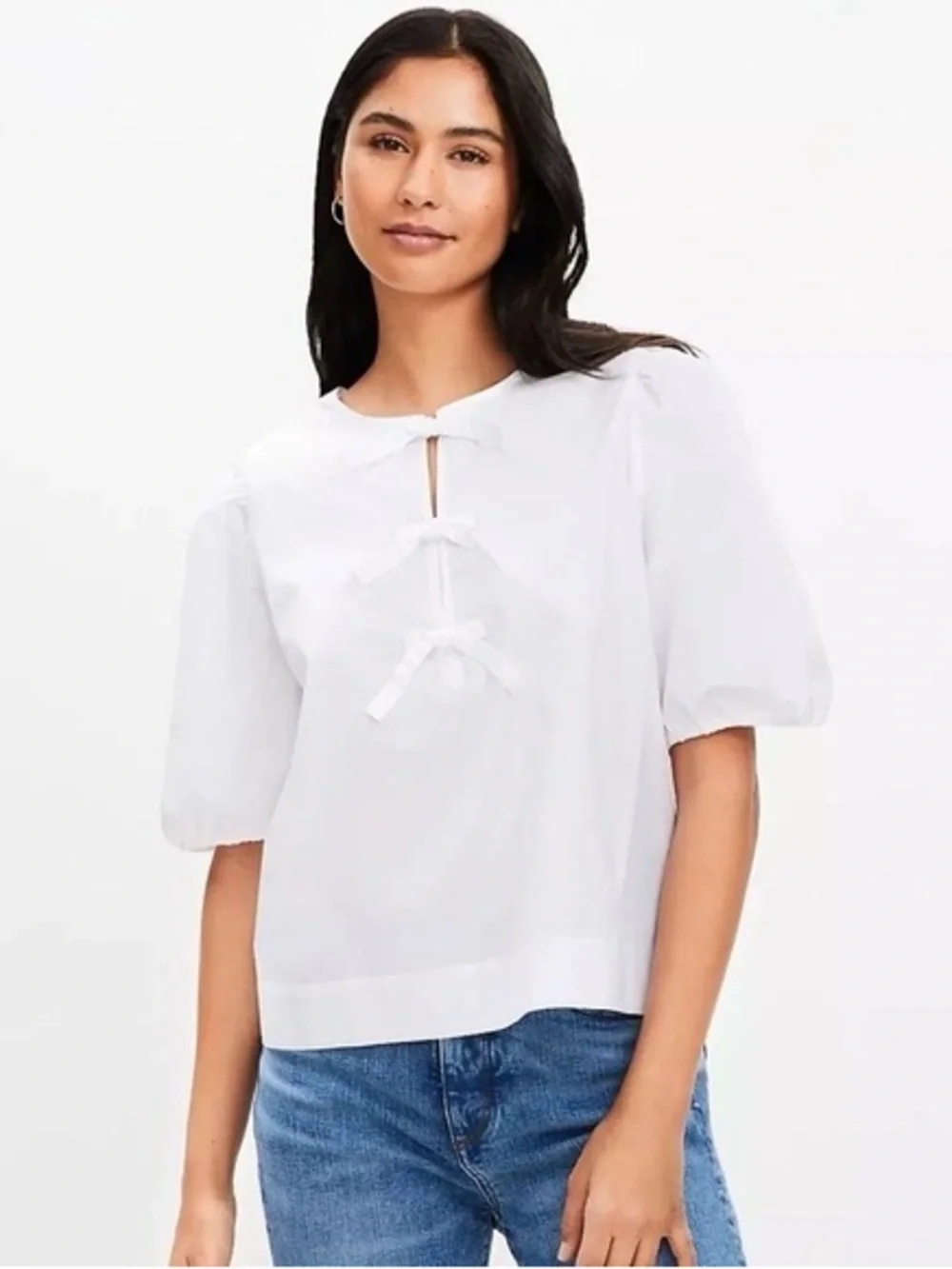 NWT Loft White Bow-Accent Puff Sleeve Top - Women